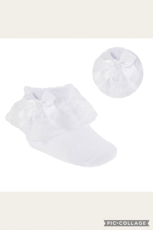 Girls Lace Socks With Flower Trim - White