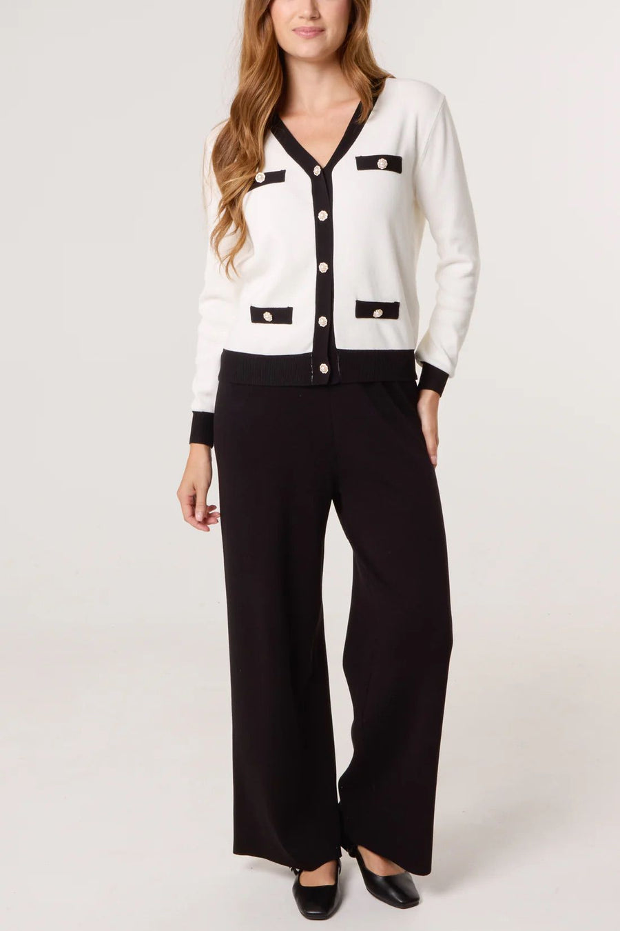 Contrast Pearl Cardigan & Trouser Co-Ord - Ivory/Black