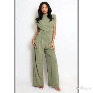 Asymmetric Hem Top & Wide Leg Trousers - Khaki