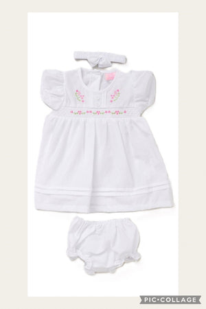 Baby Girls Floral Dress, Pants And Headband Set - White