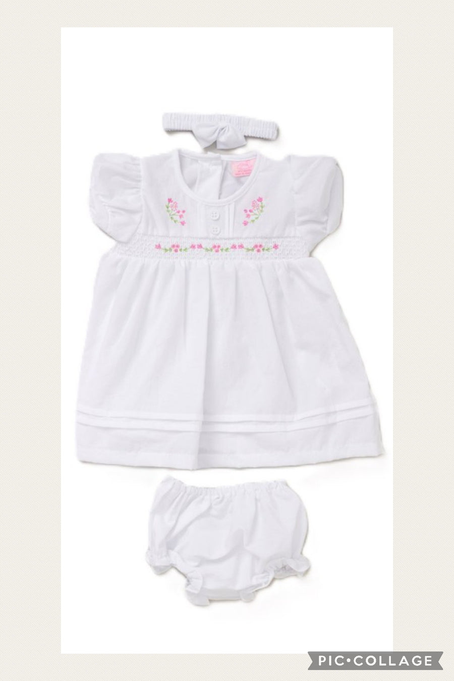 Baby Girls Floral Dress, Pants And Headband Set - White