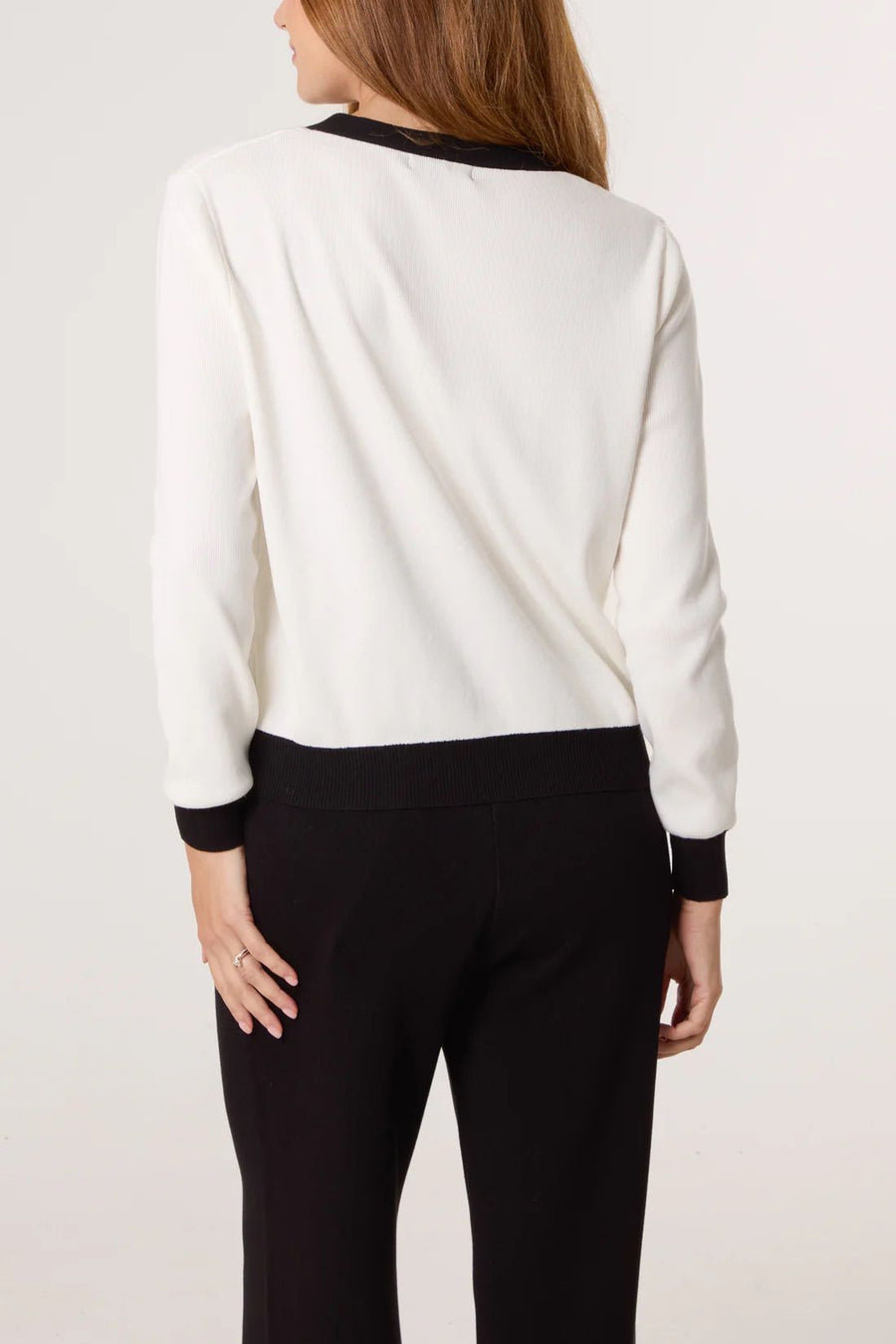 Contrast Pearl Cardigan & Trouser Co-Ord - Ivory/Black