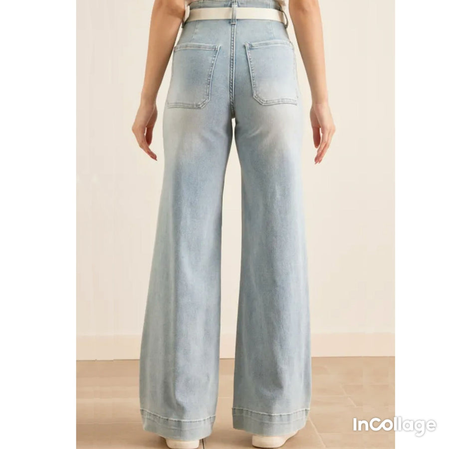 Belted Wide Leg Flare Jeans - Light Wash