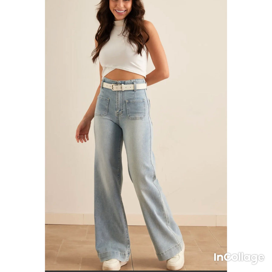 Belted Wide Leg Flare Jeans - Light Wash