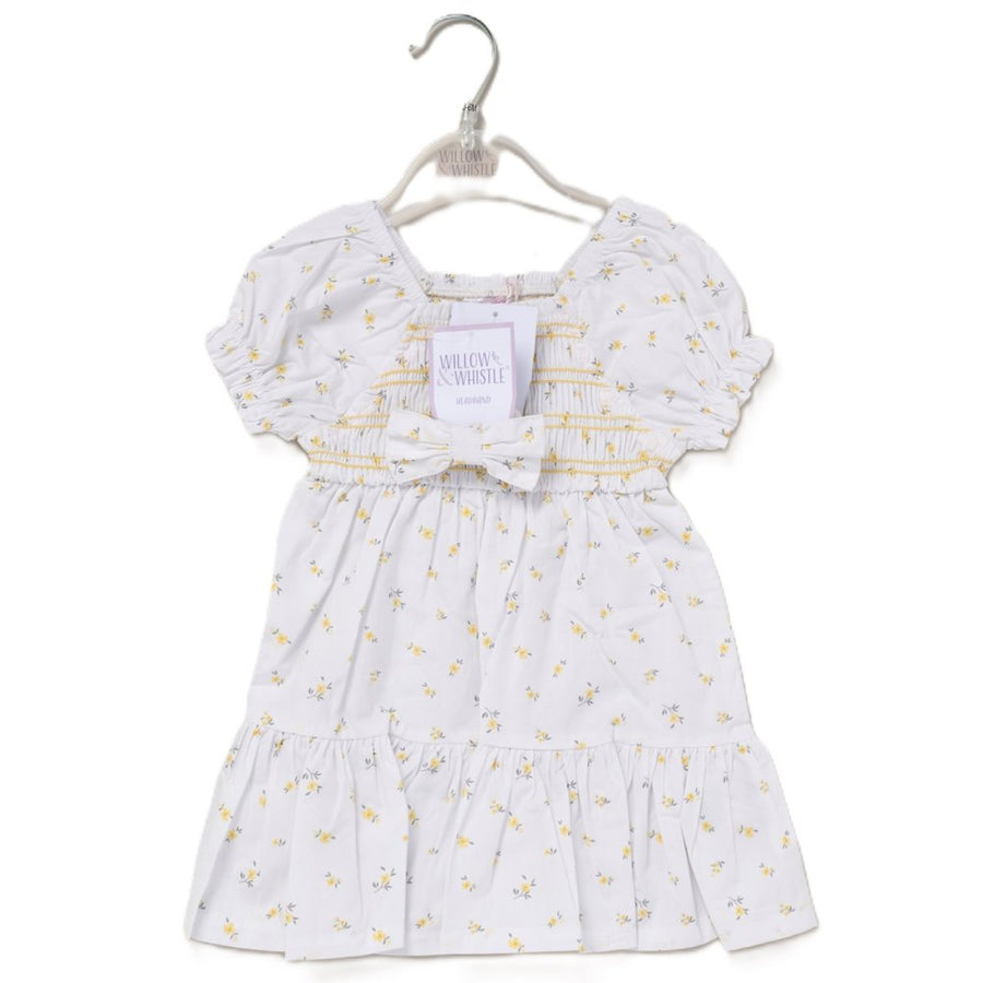 Girls Smocked Panel Dress & Bobble - Yellow