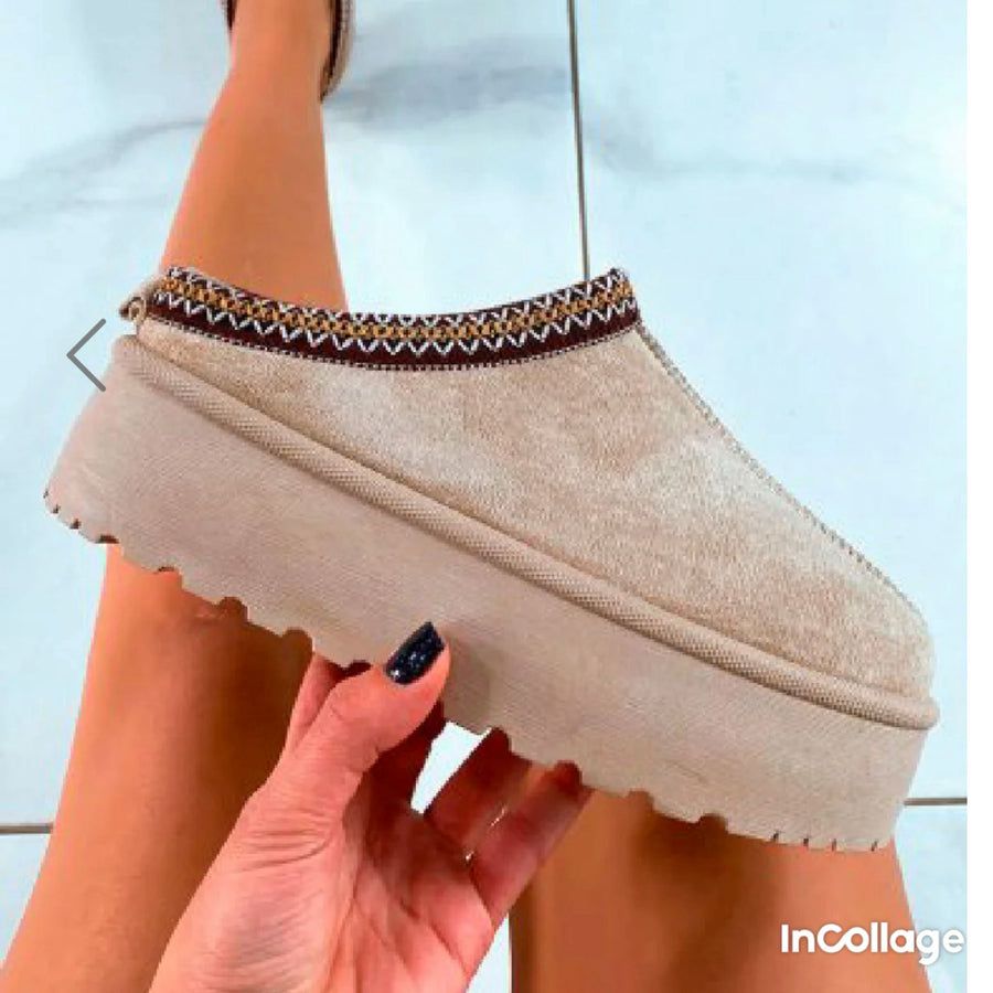 Platform Faux Suede Embroidered Aztec Detail Fluffy Slipper Boots - Camel