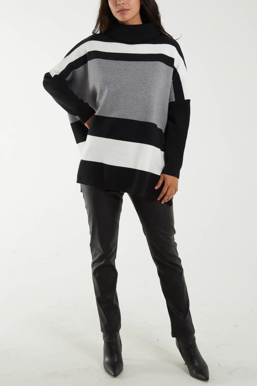 Roll Neck Colour Block Oversized Jumper - Blk/Gry