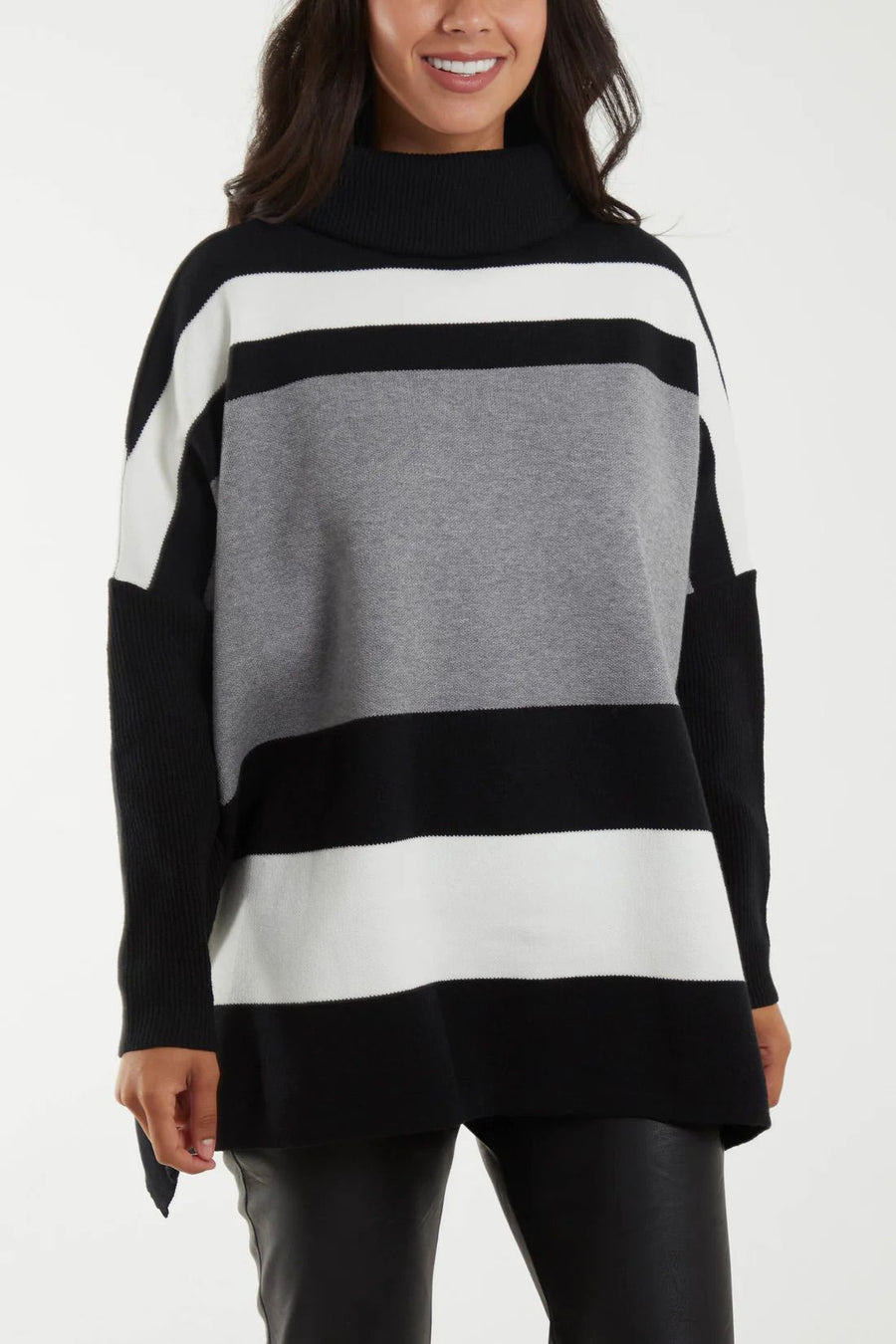 Roll Neck Colour Block Oversized Jumper - Blk/Gry