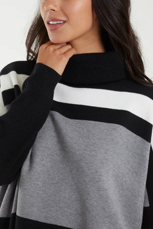 Roll Neck Colour Block Oversized Jumper - Blk/Gry