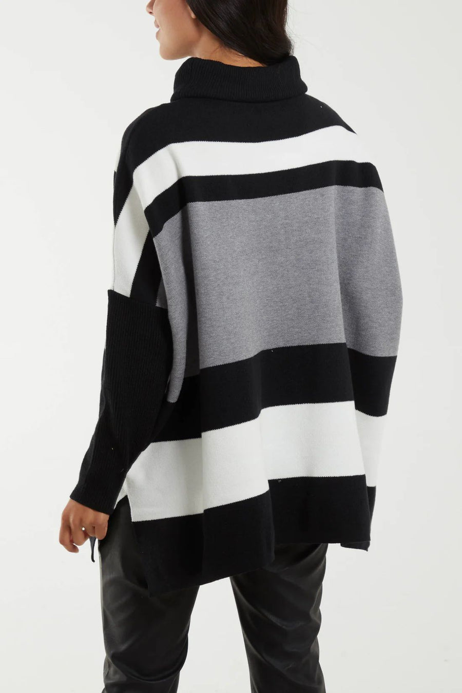 Roll Neck Colour Block Oversized Jumper - Blk/Gry
