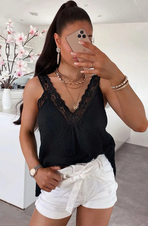 Ruby Cotton Guaze Style Lace Camisole - Black