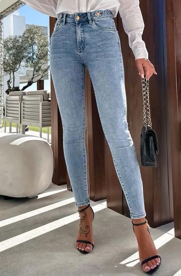 Safina Button Detail Skinny Jeans - Light Blue