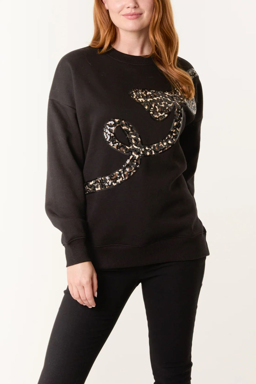 Sequin Animal Print Bow Sweatshirt - Black