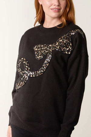 Sequin Animal Print Bow Sweatshirt - Black