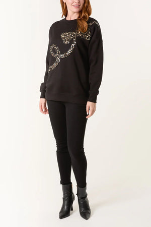 Sequin Animal Print Bow Sweatshirt - Black