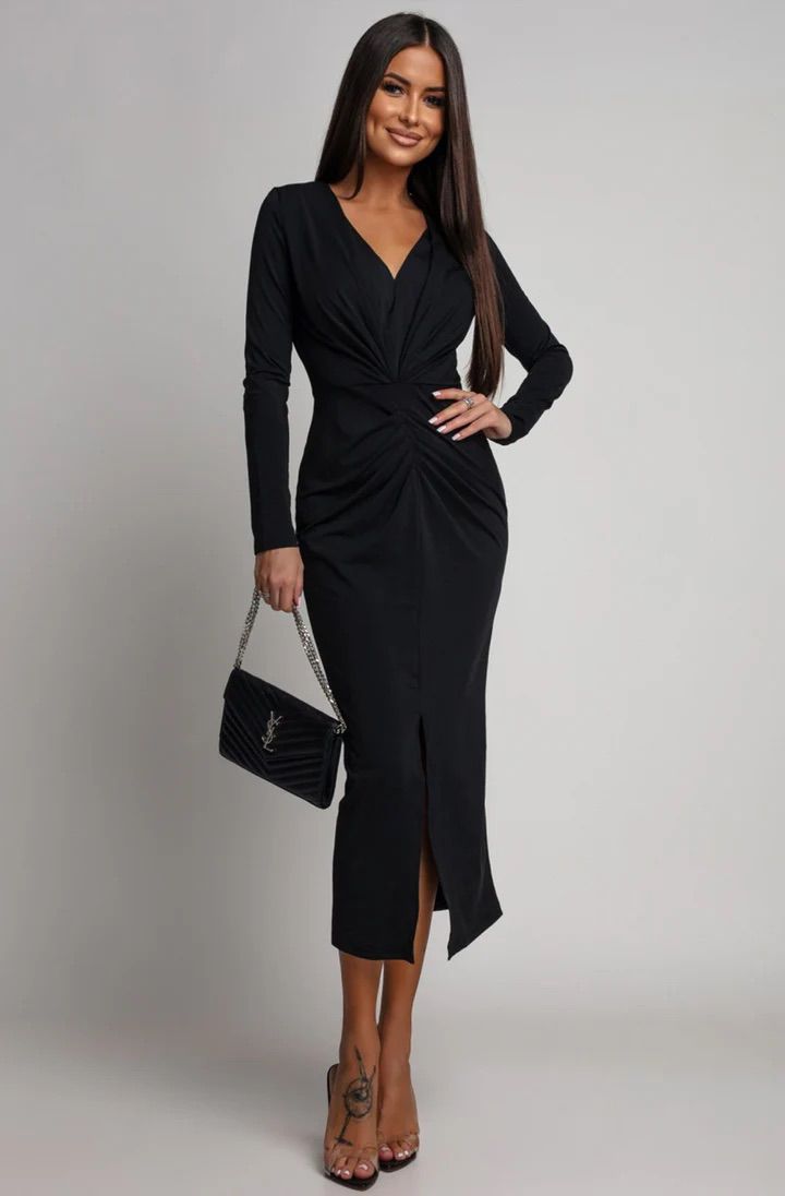 Serina Ruched Bodycon Midaxi Dress - Black