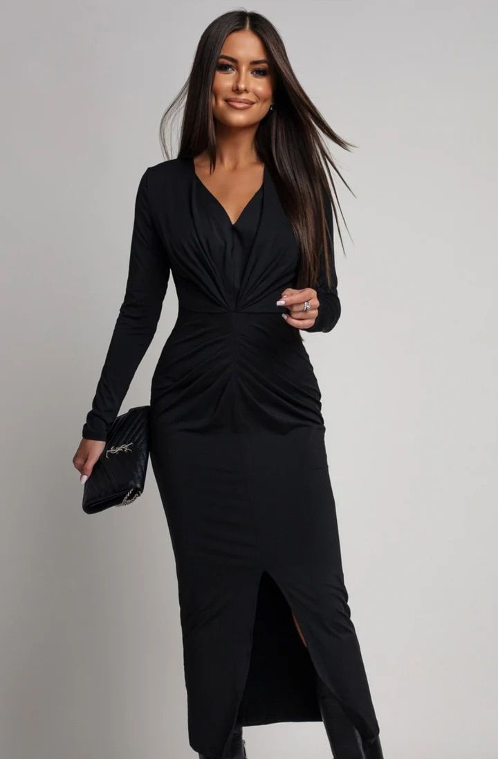 Serina Ruched Bodycon Midaxi Dress - Black