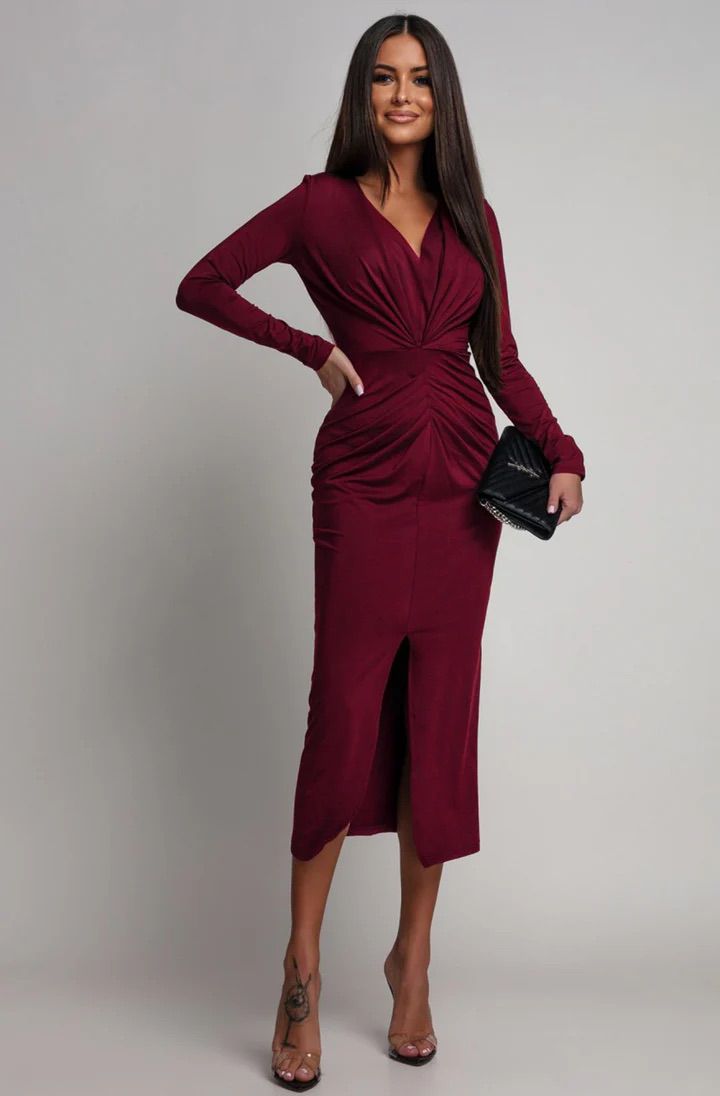 Serina Ruched Bodycon Midaxi Dress - Wine
