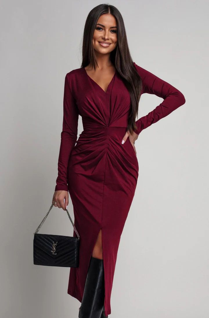 Serina Ruched Bodycon Midaxi Dress - Wine
