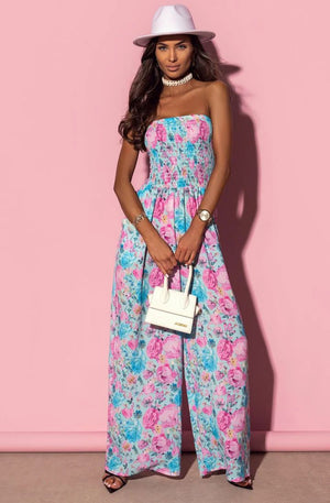 Shanaya Shirred Bandeau Floral Jumpsuit - Blue