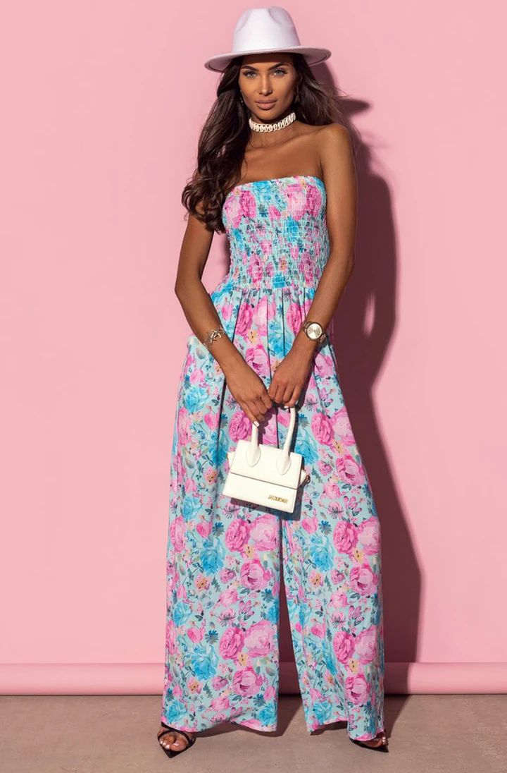Shanaya Shirred Bandeau Floral Jumpsuit - Blue