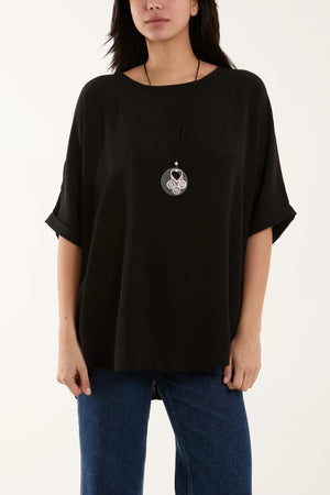 Short Sleeve Blouse With Necklace - Black
