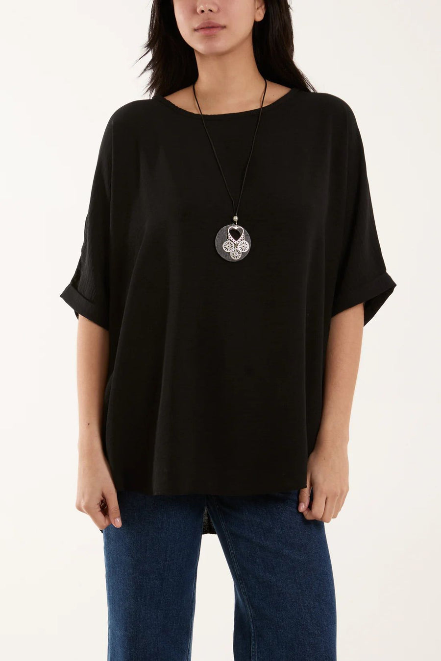 Short Sleeve Blouse With Necklace - Black