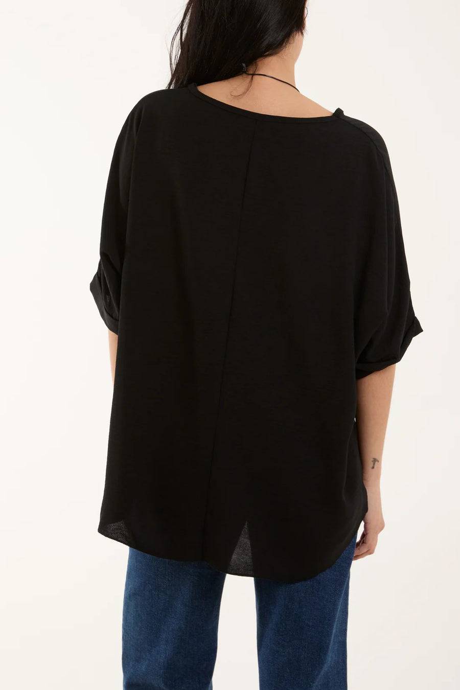 Short Sleeve Blouse With Necklace - Black