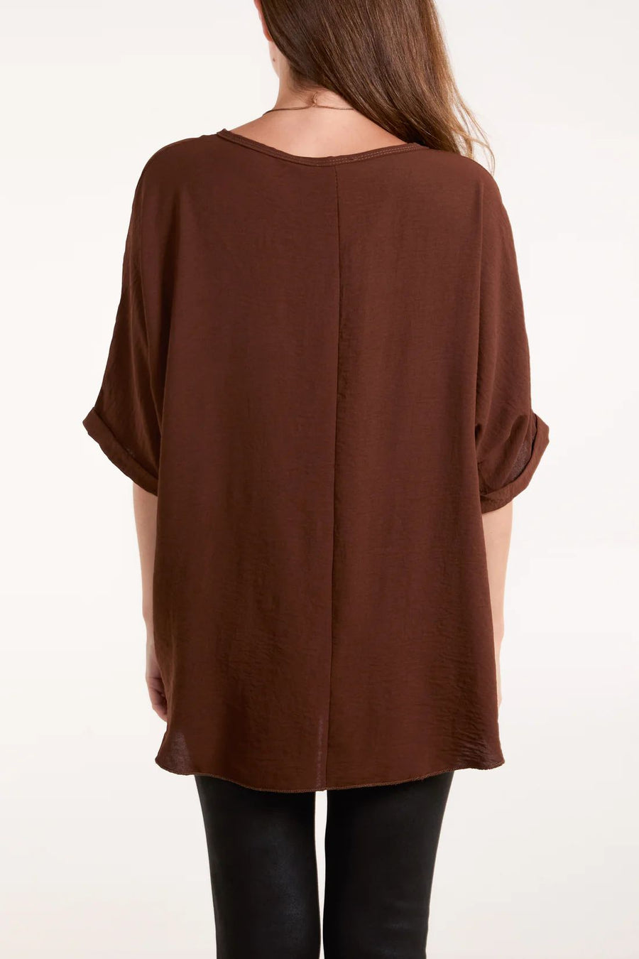 Short Sleeve Blouse With Necklace - Chocolate