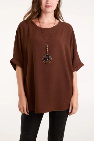 Short Sleeve Blouse With Necklace - Chocolate