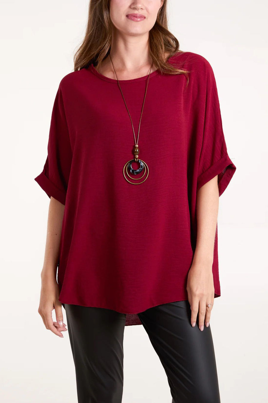 Short Sleeve Blouse With Necklace - Wine