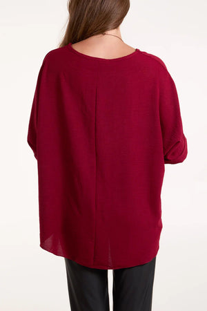 Short Sleeve Blouse With Necklace - Wine
