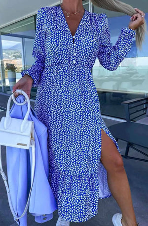 Skylar Ditsy Print Side Slit Midaxi - Blue