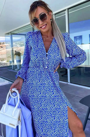 Skylar Ditsy Print Side Slit Midaxi - Blue