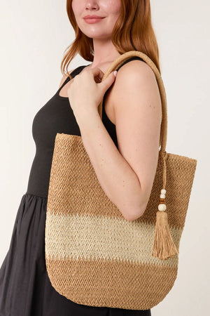 Straw Tote/Tassel Bag - Brown