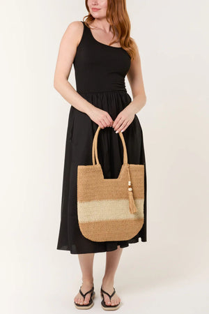 Straw Tote/Tassel Bag - Brown