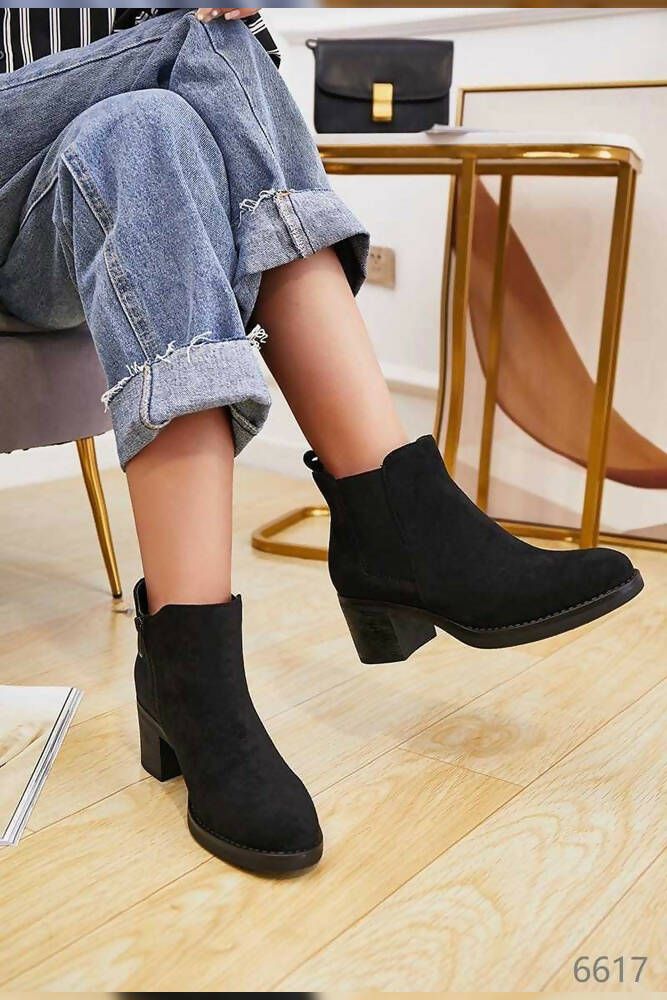Suede Pull On Ankle Heel Boot - Black