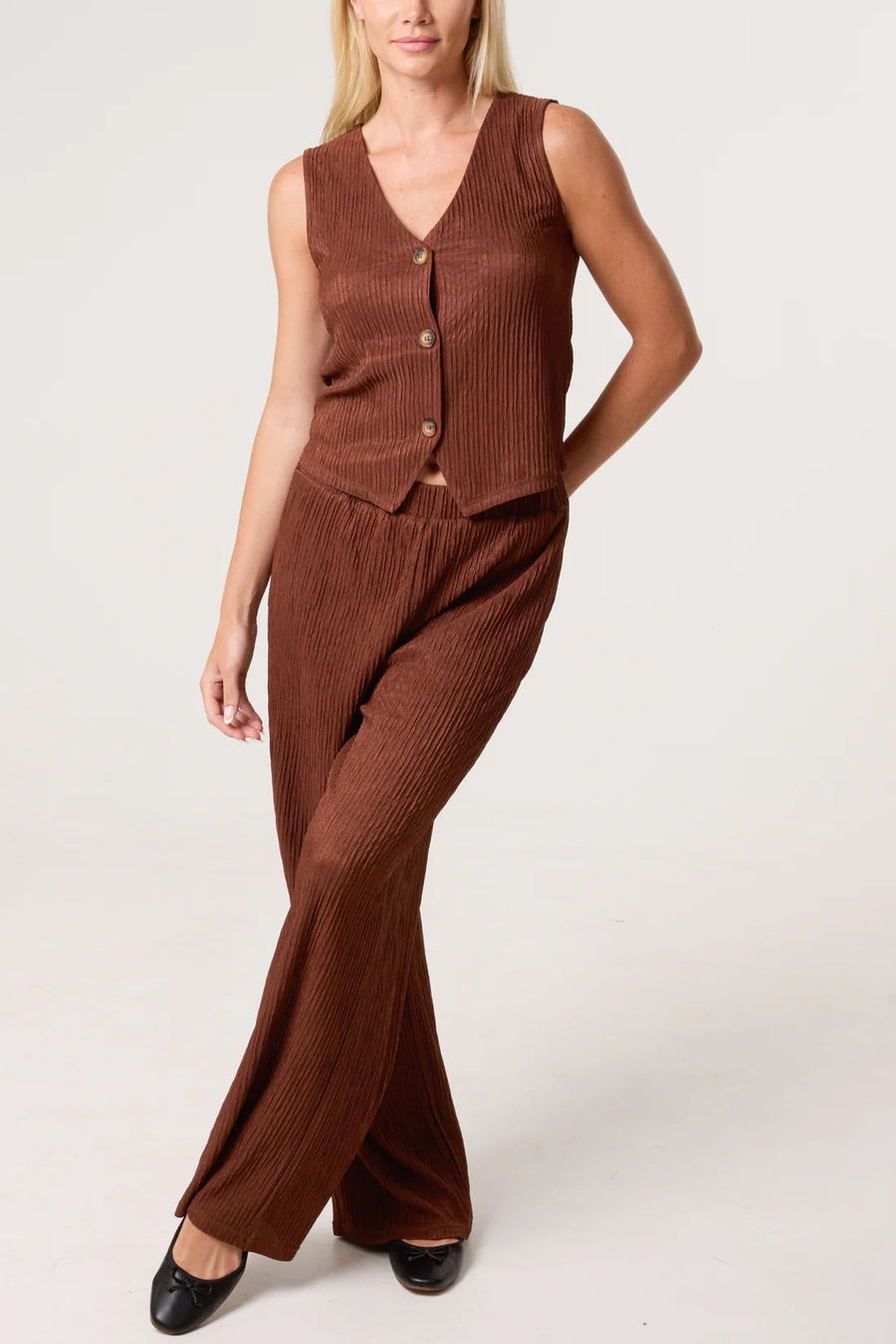 Textured Waistcoat/Trouser Set - Brown