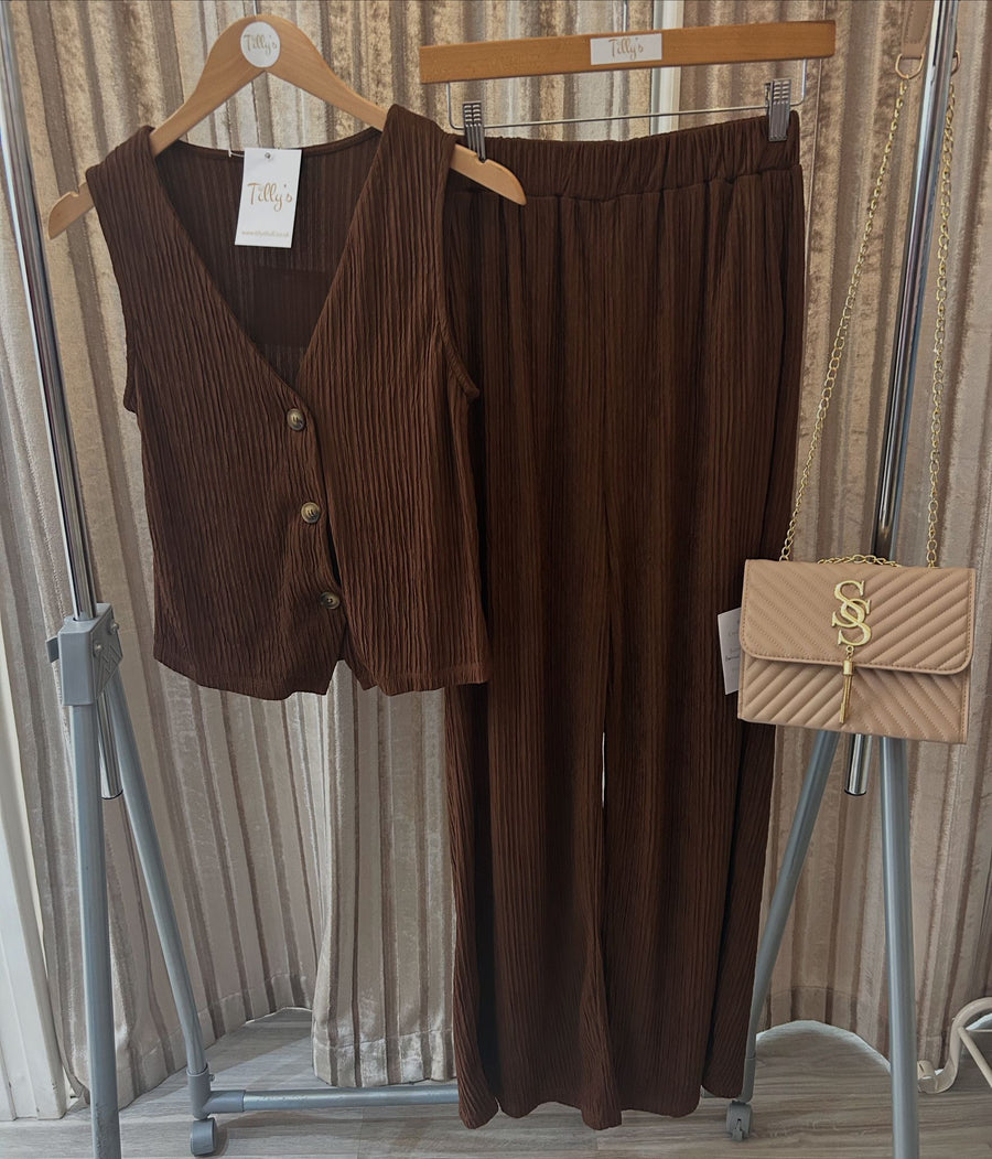 Textured Waistcoat/Trouser Set - Brown