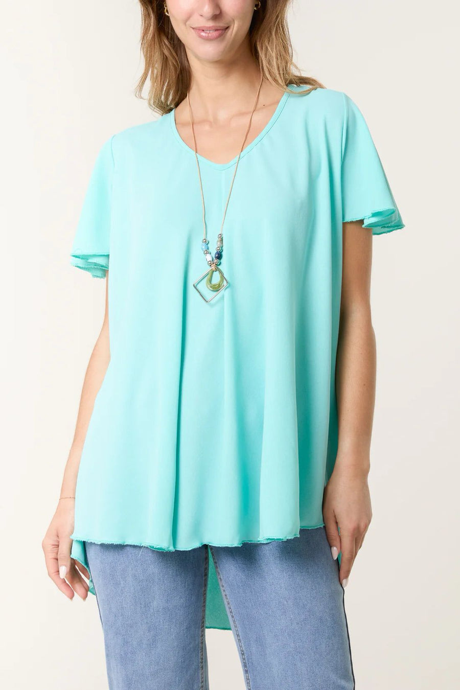 V-Neck Angel Sleeve Necklace Top - Mint