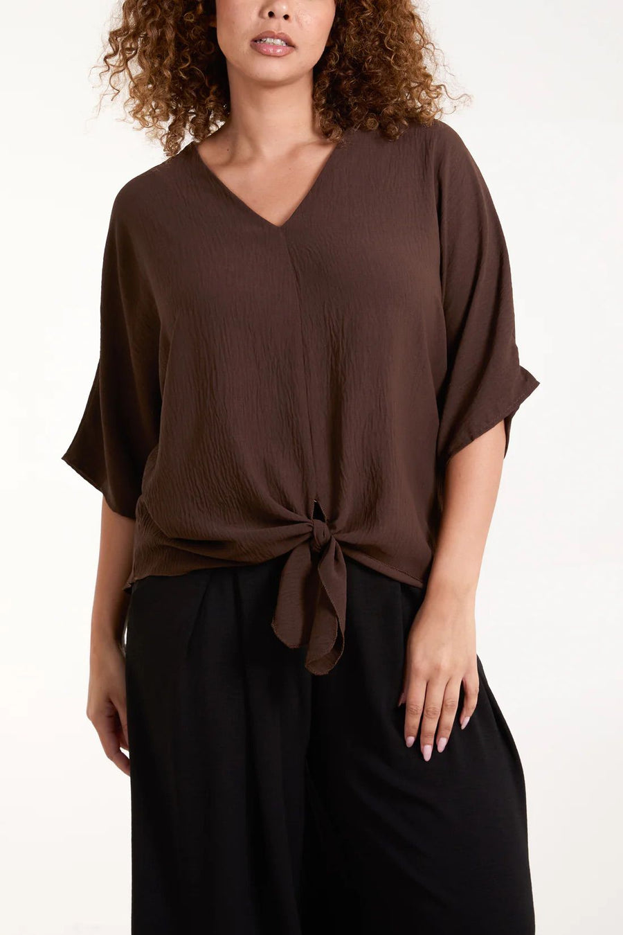V-Neck Centre Front Tie Hem Blouse - Brown