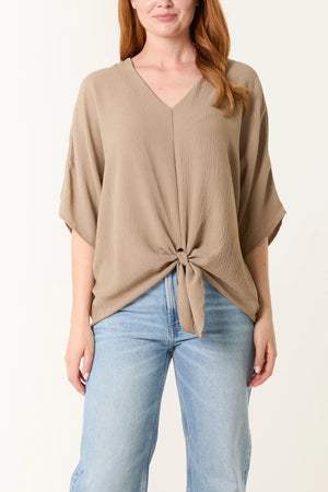 V-Neck Centre Front Tie Hem Blouse - Mocha