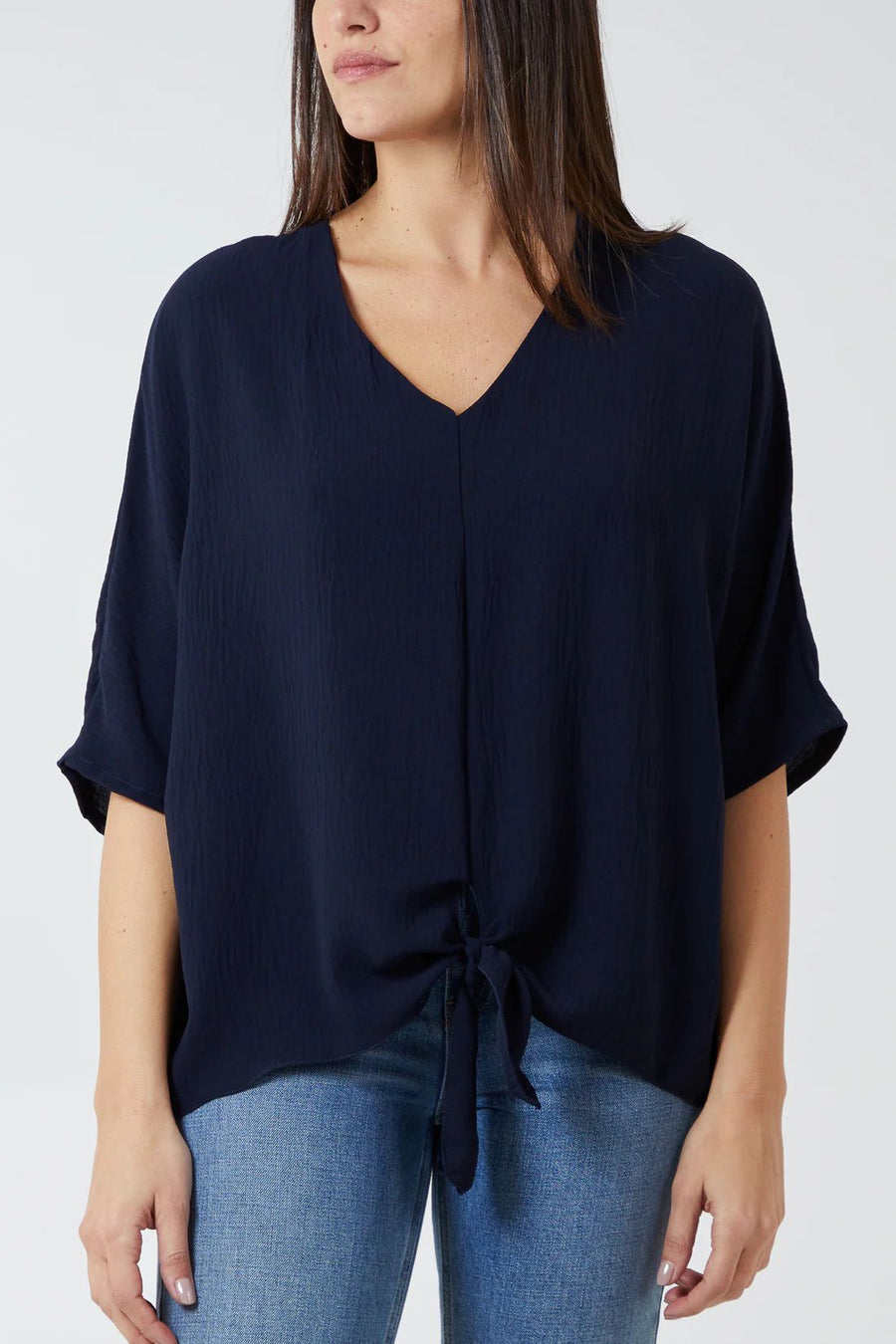 V-Neck Centre Front Tie Hem Blouse - Navy