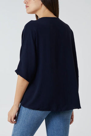 V-Neck Centre Front Tie Hem Blouse - Navy