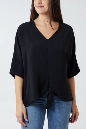 V-Neck Front Tie Blouse - Black