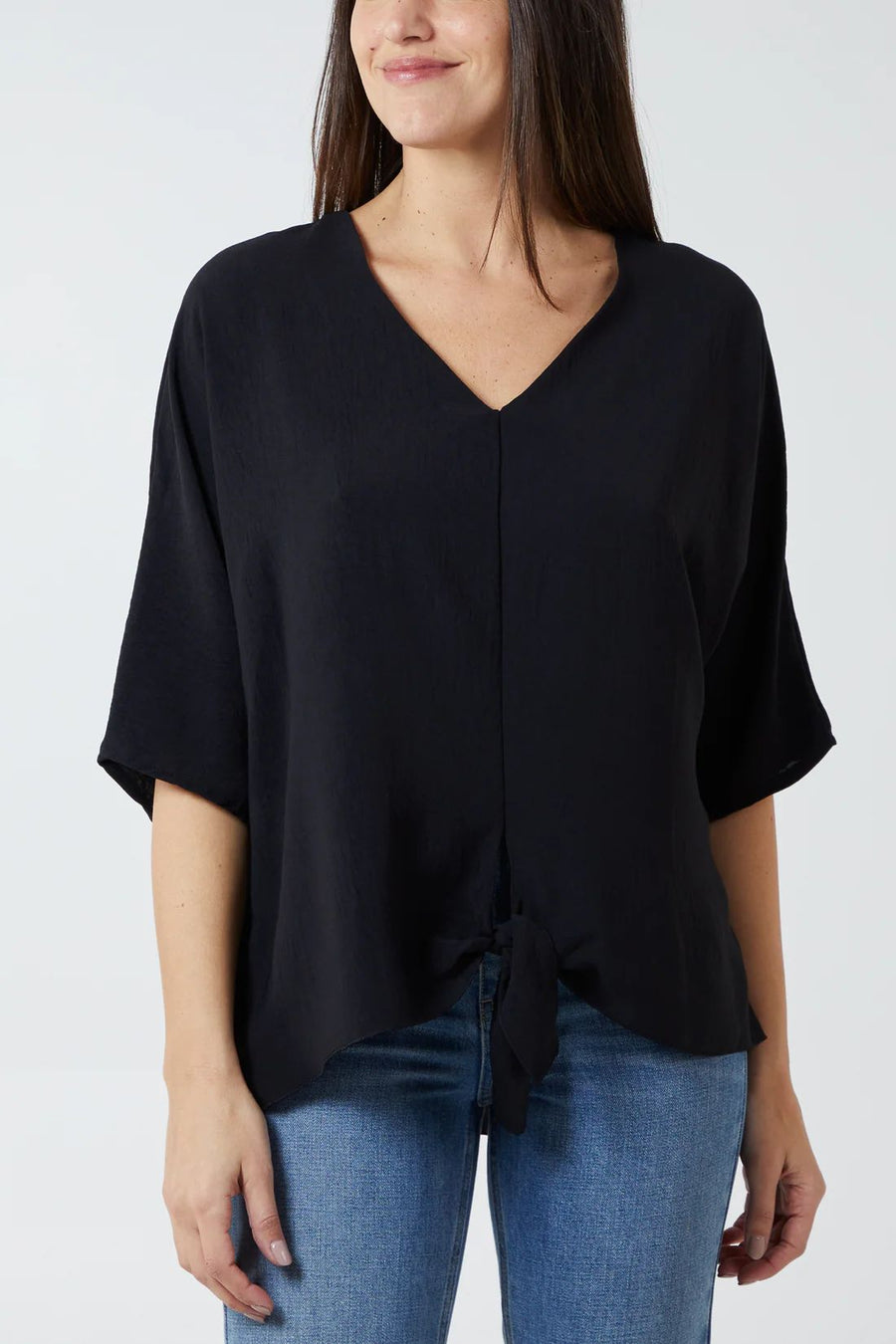 V-Neck Front Tie Blouse - Black