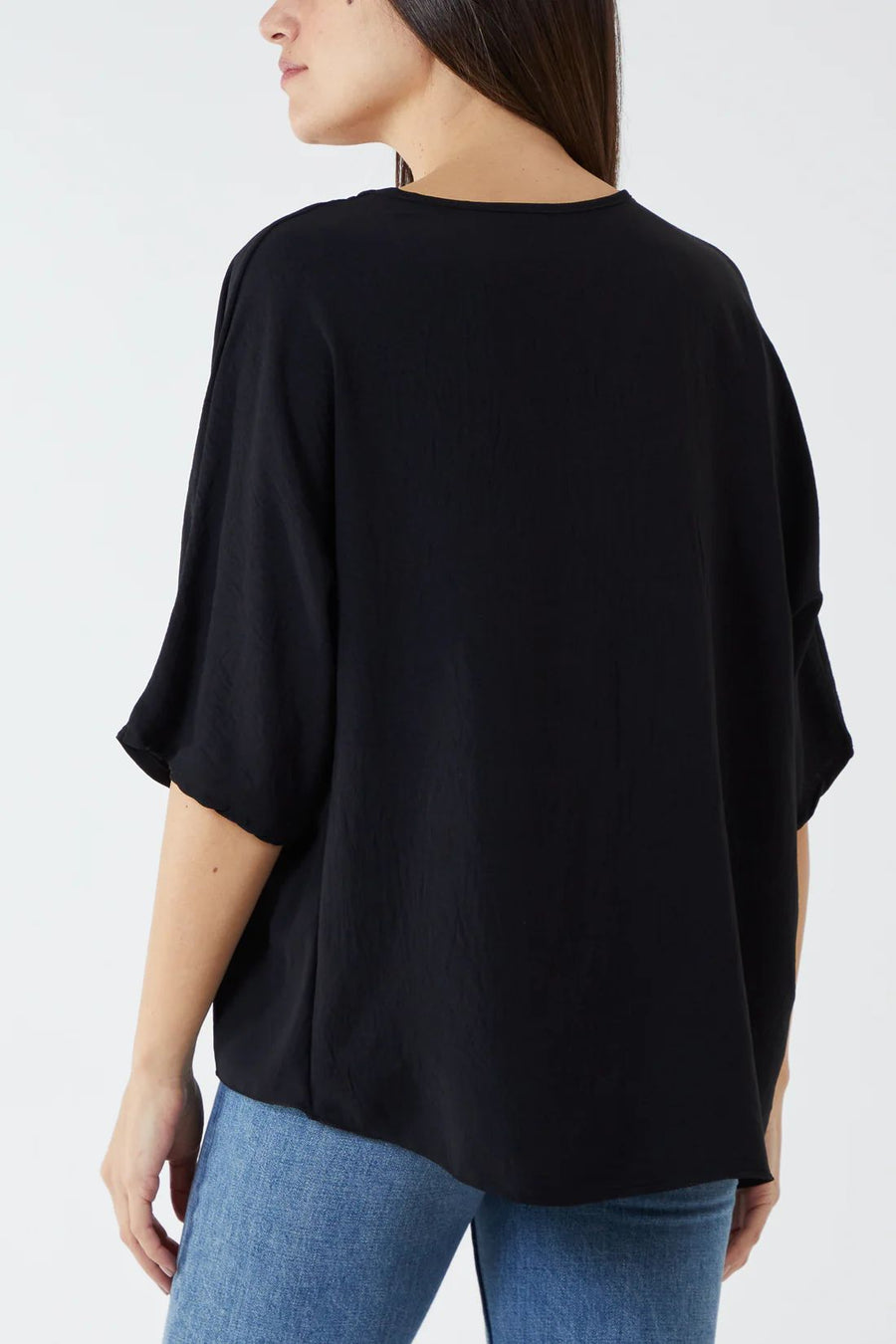 V-Neck Front Tie Blouse - Black
