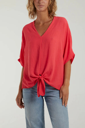 V-Neck Front Tie Blouse - Coral