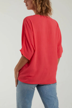 V-Neck Front Tie Blouse - Coral