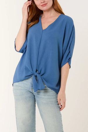 V-Neck Front Tie Blouse - Denim